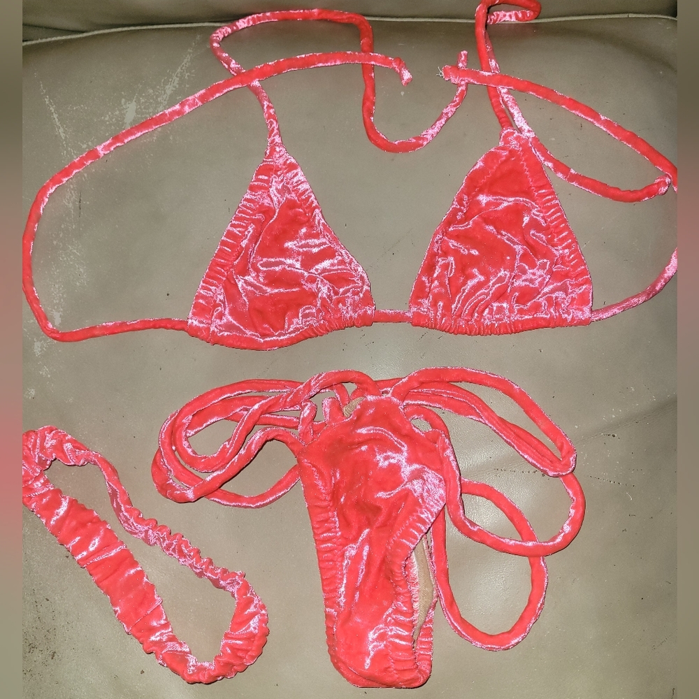 NWOT Sexy Handmade Triangle Top Spider Thong Stripper Velvet Feeling Pink Bikini